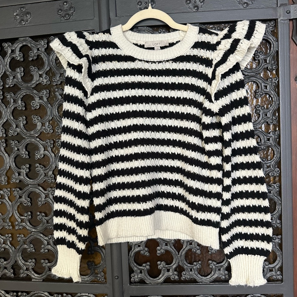 LOFT Parisian-Style Feminine Black & White Striped Sweater with Ruffle Shoulders